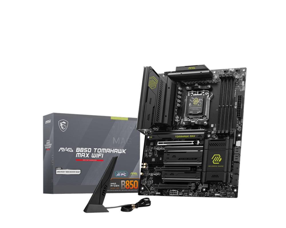 Mainboard | MSI | AMD B850 | SAM5 | ATX | Memory DDR5 | Memory slots 4 | 3xPCI-Express 16x | 4xM.2 | 1xHDMI | 1xAudio-In | 1xAudio-Out | 4xUSB 2.0 | 1xUSB 3.0 | 2xUSB 3.2 | 3xUSB-C | 1xRJ45 | B850TOMAHAWKMAXWIFI