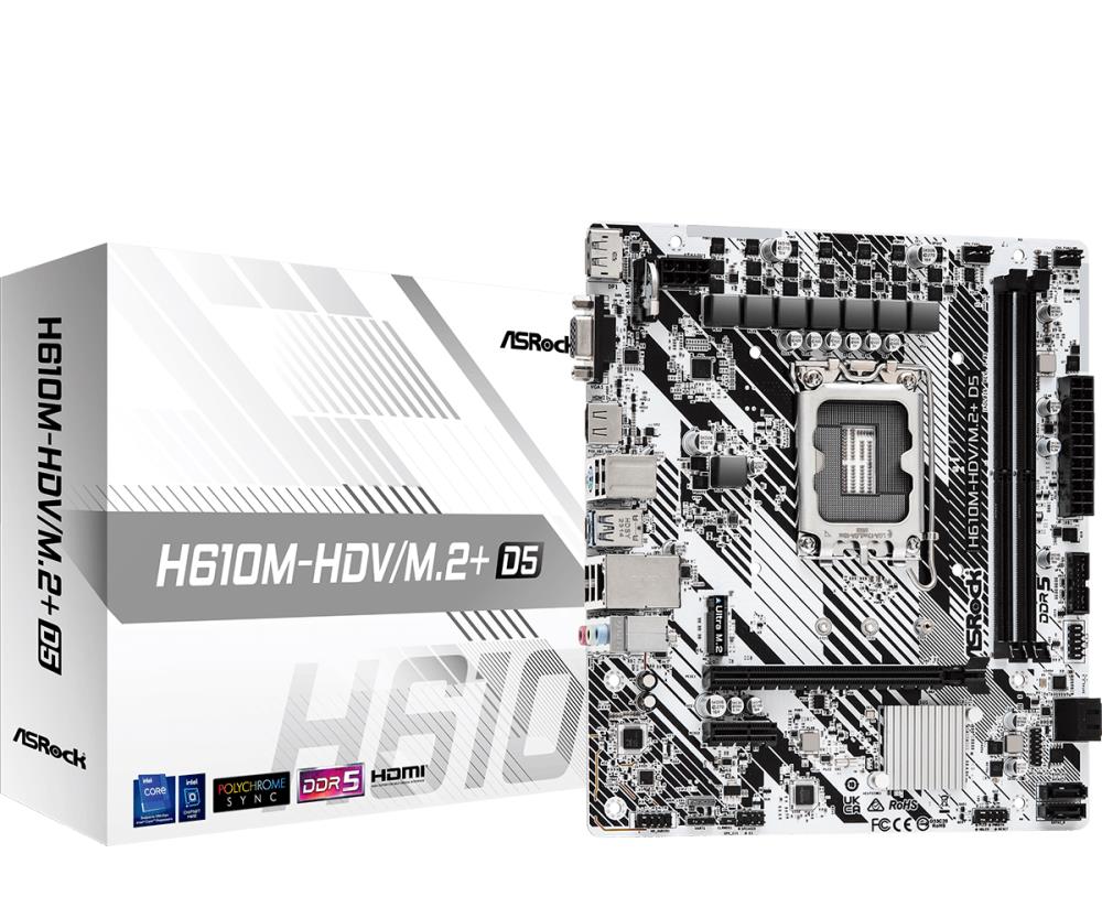 Mainboard | ASROCK | Intel H610 | LGA1700 | Micro-ATX | Memory DDR5 | Memory slots 2 | 1xPCI-Express 3.0 1x | 1xPCI-Express 4.0 16x | 1xM.2 | 1x15pin D-sub | 1xHDMI | 1xDisplayPort | 1xAudio-In | 1xAudio-Out | 1xMicrophone | 4xUSB 2.0 | 1xUSB 3.2 | 1xUSB-