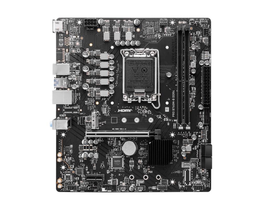 Mainboard | MSI | Intel B760 Express | LGA1700 | Micro-ATX | Memory DDR4 | Memory slots 4 | 1xPCI-Express 4.0 1x | 1xPCI-Express 4.0 16x | 1xM.2 | 1xHDMI | 2xUSB 2.0 | 4xUSB 3.2 | 1xPS/2 | 1xRJ45 | 3xAudio port | PROB760M-BDDR4