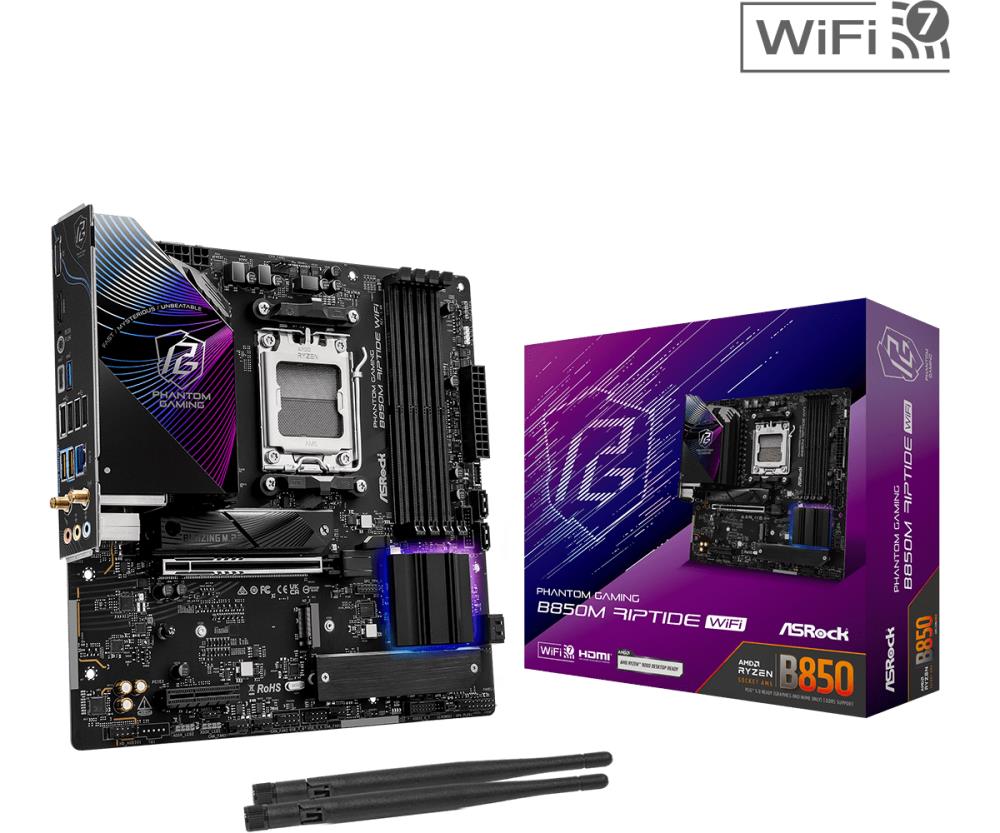 Mainboard | ASROCK | AMD B850 | SAM5 | Micro-ATX | Memory DDR5 | Memory slots 4 | 1xHDMI | 1xDisplayPort | 1xAudio-In | 1xAudio-Out | 1xMicrophone | 4xUSB 2.0 | 3xUSB 3.2 | 1xUSB-C | 1xRJ45 | B850MRIPTIDEWIFI
