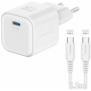 Swissten Travel Charger GaN USB-C 20W PD + Data Cable USB-C-USB-C 1.2m