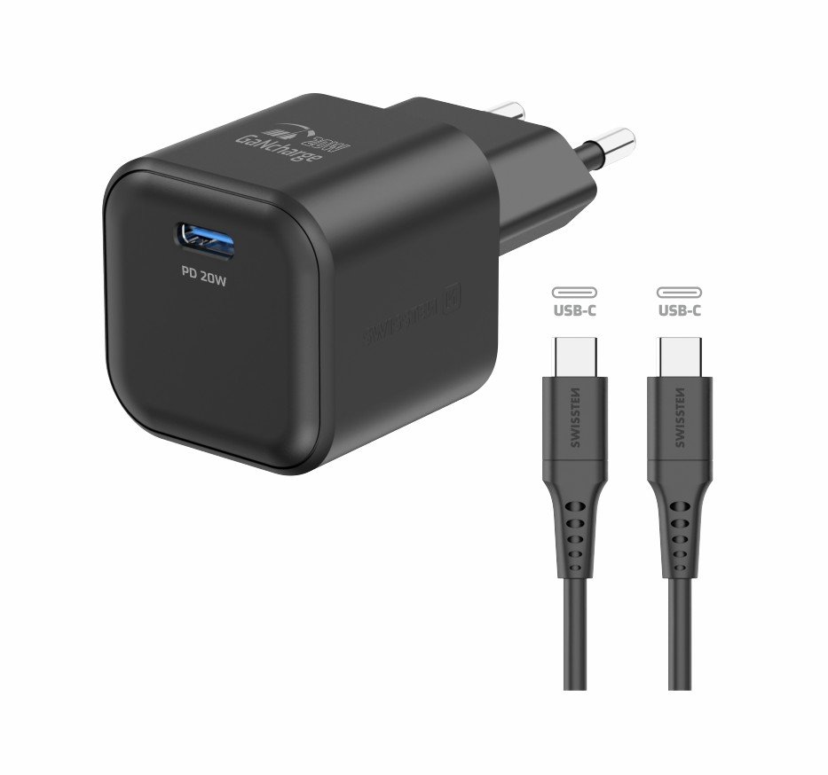 Swissten 3арядное устройство GaN USB-C 20W PD + Kабель для передачи данных USB-C-USB-C 1.2m