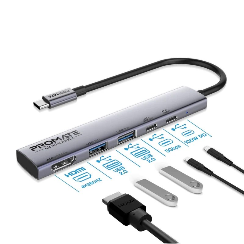 Promate LinkHub-5X Hub HDMI 4K@60Hz / USB-C PD100W