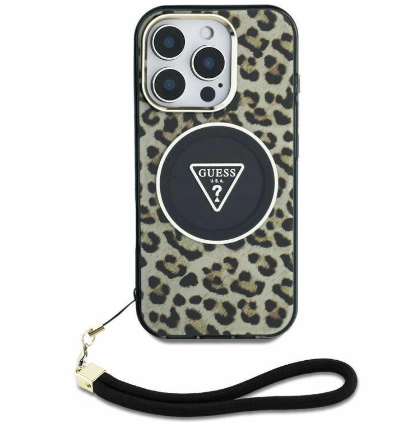 Guess IML Leopard Triangle Logo Strap MagSafe Case Защитный чехол для Apple iPhone 16 Pro