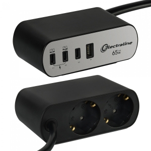 Electraline 62584 Extension Cord PD65W / 2P / SCHUKO+4USB / 3C+1A / 2M