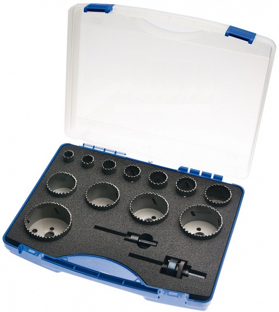 HSS-BI-METAL HOLESAWS IN PLASTIC-BOX 14 PCS. 19 - 76 MM + AS 11 + AS 33 RLS14 ALLROUND BOHRCRAFT