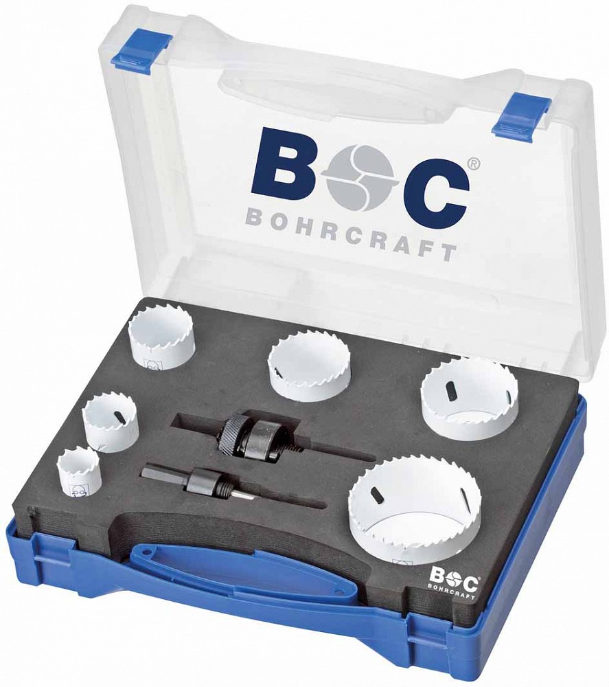 HSS-E M42 BI-METAL HOLESAWS IN PLASTIC-BOX LS 6-E 8-PCS. 22 - 68 MM + ADAPTOR AS 11 AND AS 33 BOHRCRAFT