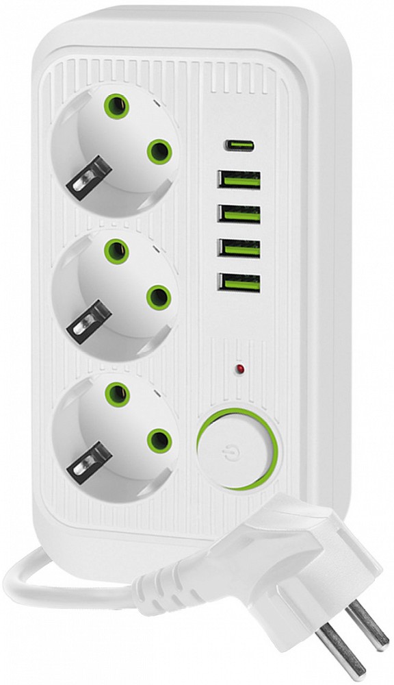 KONTORI PIKENDUSJUHE 3 PESA+4 USB-A+1 USB-C. LÜLITIGA 5M 3X1.5MM2 VALGE KOBI