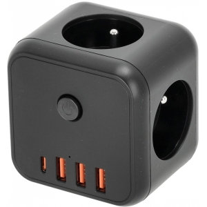 HARUPESA 3 PESA+3 USB-A+1 USB-C. MAANDUSEGA LÜLITIGA MUST 16A KOBI