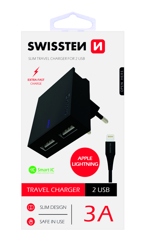 Swissten Premium Travel Charger USB 3А / 15W With Lightning (MD818) Cable 120 cm Black