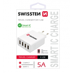 Swissten Smart IC Premium Сетевое зарядное устройство USB 4x 2.1A / 25W / 5A С Автоматическим Выбором Напряжения Белое