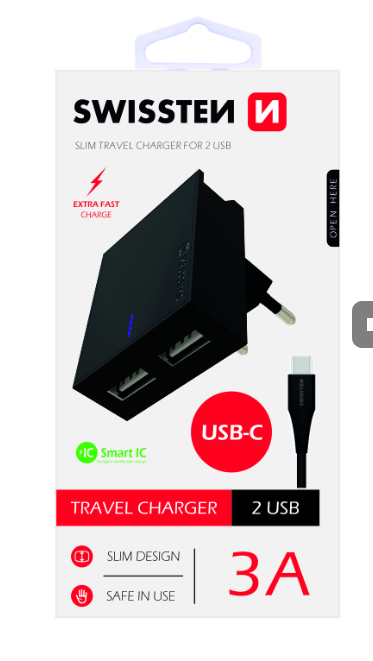 Swissten Premium Travel Charger USB 3А / 15W With USB-C Cable 120 cm Black