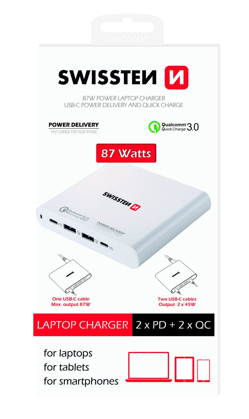 Swissten Travel Charger Notebooks and MacBook / 87W / PD3.0 / QC3.0 / PPS / White