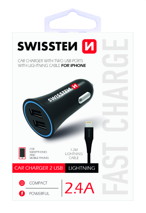 Swissten Premium Car charger 12 / 24V / 1A + 2.1A + Lightning Data Cable 100 cm Black