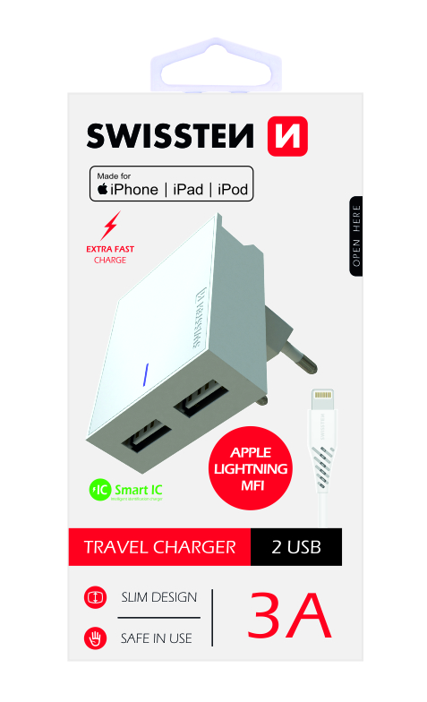 Swissten MFI Premium Apple Certified Travel Charger USB 3А / 15W With Lightning (MD818) Cable 1.2m White