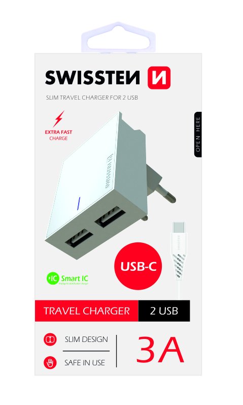 Swissten Premium Travel Charger USB 3А / 15W With USB-C Cable 120 cm White