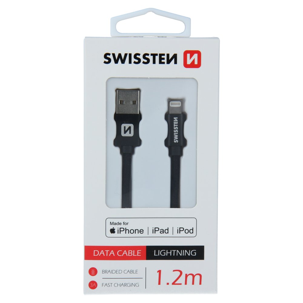 Swissten (MFI) Textile Fast Charge 3A Lightning (MD818ZM/A) Кабель Для Зарядки и Переноса Данных 1.2m Черный