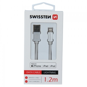 Swissten (MFI) Textile Fast Charge 3A Lightning (MD818ZM/A) Data and Charging Cable 1.2m Silver