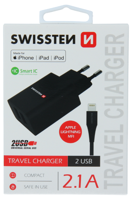 Swissten Smart IC Travel Charger 2x USB 2.1A with Lightning MFI (MD818) Cable 1.2 m Black