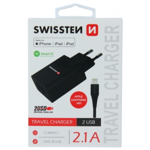 Swissten Smart IC Зарядное устройство 2x USB 2.1A c проводом Lightning MFI (MD818) 1.2 m черный