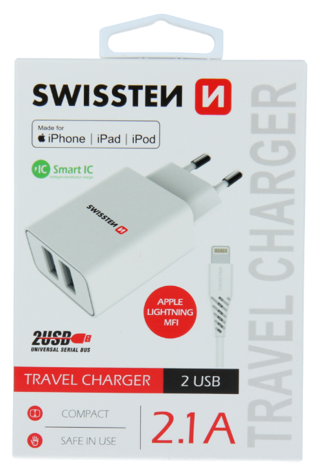 Swissten Smart IC Travel Charger 2x USB 2.1A with Lightning MFI (MD818) Cable 1.2 m White