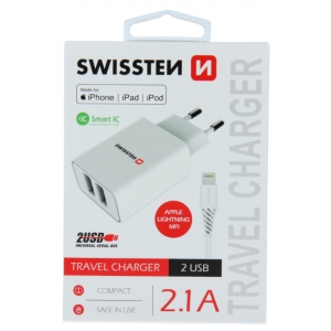 Swissten Smart IC Зарядное устройство 2x USB 2.1A c проводом Lightning MFI (MD818) 1.2 m Белое