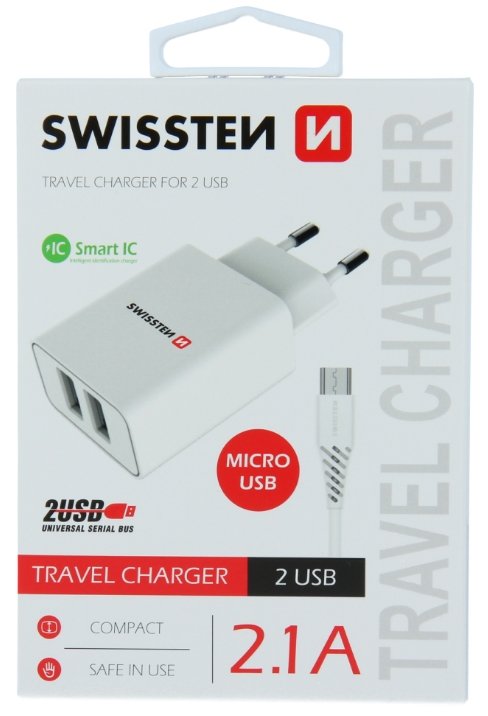 Swissten Smart IC Travel Charger 2x USB 2.1A with Micro USB Cable 1.2 m White