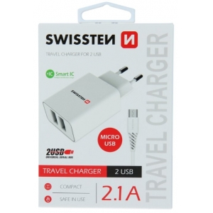 Swissten Smart IC Travel Charger 2x USB 2.1A with Micro USB Cable 1.2 m White