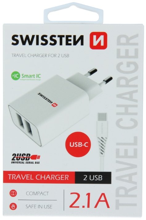 Swissten Smart IC Travel Charger 2x USB 2.1А with USB-C Cable 1.2 m White