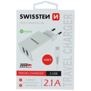Swissten Smart IC Travel Charger 2x USB 2.1А with USB-C Cable 1.2 m White