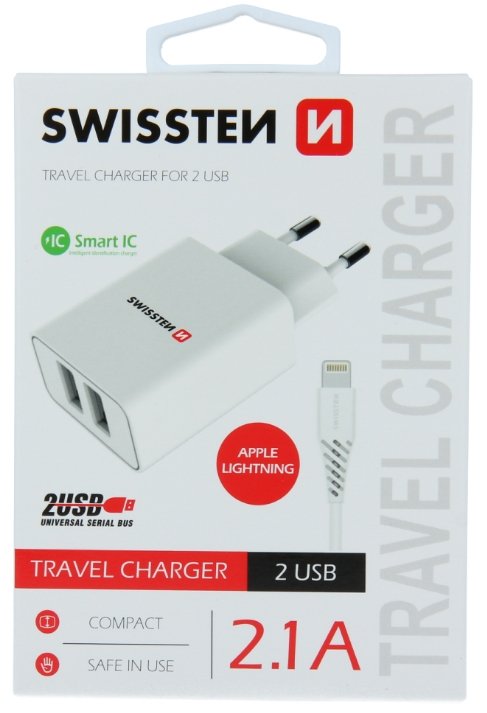 Swissten Smart IC Зарядное устройство 2x USB 2.1A c проводом Lightning (MD818) 1.2 m Белое