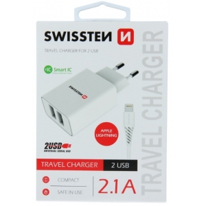 Swissten Smart IC Зарядное устройство 2x USB 2.1A c проводом Lightning (MD818) 1.2 m Белое