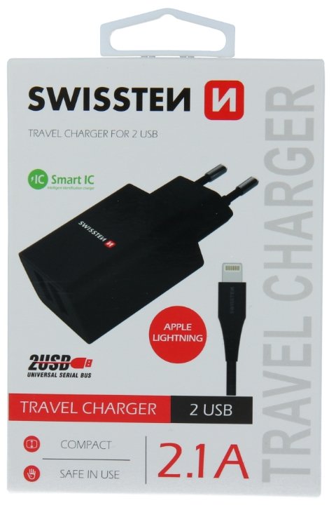 Swissten Smart IC Зарядное устройство 2x USB 2.1A c проводом Lightning (MD818) 1.2 m черный