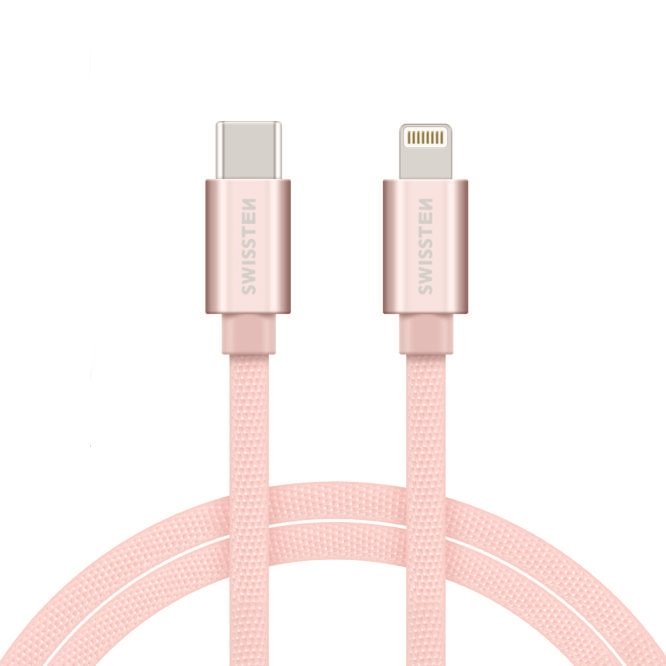 Swissten Textile USB-C To Lightning (MD818ZM/A) Кабель Для Зарядки и Переноса Данных Fast Charge / 3A / 1.2m Розовый