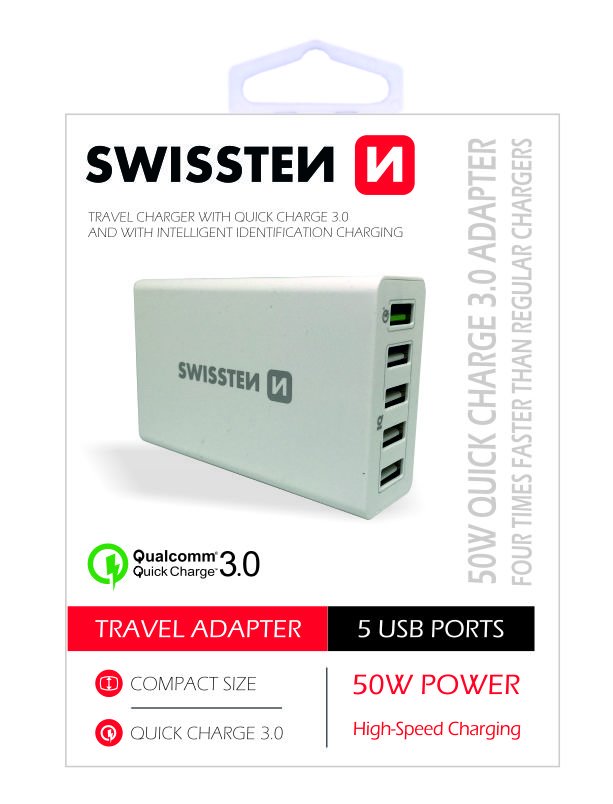 Swissten Qualcomm 3.0 QC Smart IC Premium Travel Charger USB 5x 2.1A  / 50W White