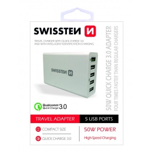 Swissten Qualcomm 3.0 QC Smart IC Premium Сетевое зарядное устройство USB 5x 2.1A / 50 W  Белое