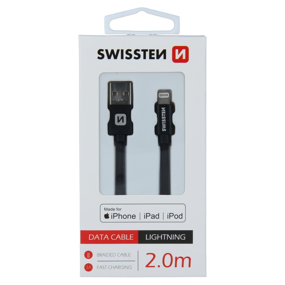 Swissten (MFI) Textile Fast Charge 3A Lightning (MD818ZM/A) Data and Charging Cable 2.0m Black