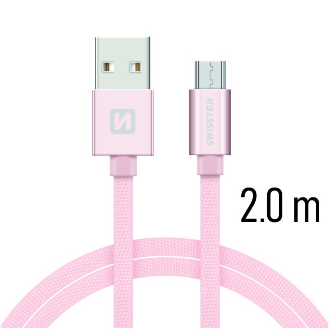 Swissten Textile Quick Charge Universal Micro USB Data and Charging Cable 2.0m Pink