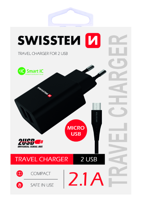 Swissten Premium Travel Charger USB 2.1A / 10.5W With Micro USB Cable 120 cm Black