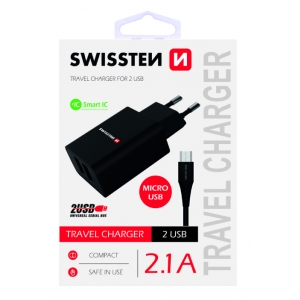 Swissten Premium Зарядное устройство USB 2.1А / 10.5W С проводом Micro USB 120 см Черный