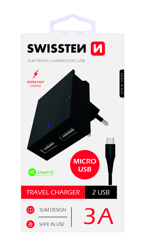 Swissten Premium Travel Charger USB 3A / 15W With Micro USB Cable 120 cm Black