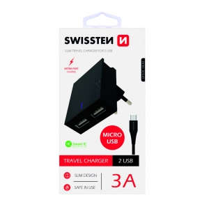 Swissten Premium Зарядное устройство USB 3А / 15W С проводом Micro USB 120 см Черное