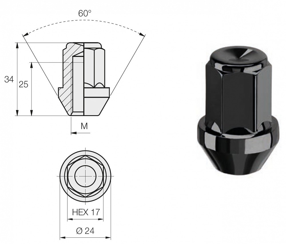 MUTTER M12X1.50 / 34 / 17 (KINNINE. P34. CH17) ISO 8. MUST (SPECIAL BLACK)