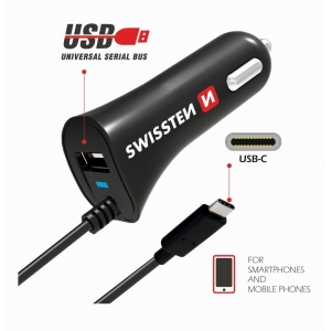 Swissten Premium Car charger 12 / 24V / 2.4A + non-detachable USB-C Data Cable 100 cm Black
