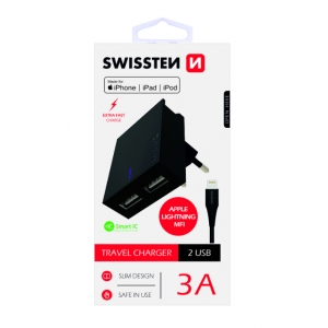 Swissten MFI Premium Apple Сертифицированное Зарядное устройство USB 3А / 15W С проводом Lightning (MD818) 120 см Черное