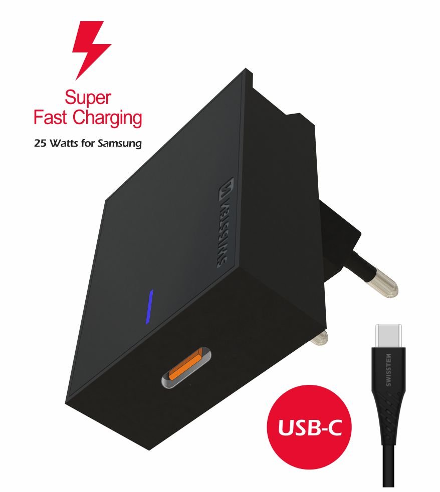 Swissten Premium 25W Samsung Super Fast Charging Travel charger with 1.2m USB-C to USB-C cable Black