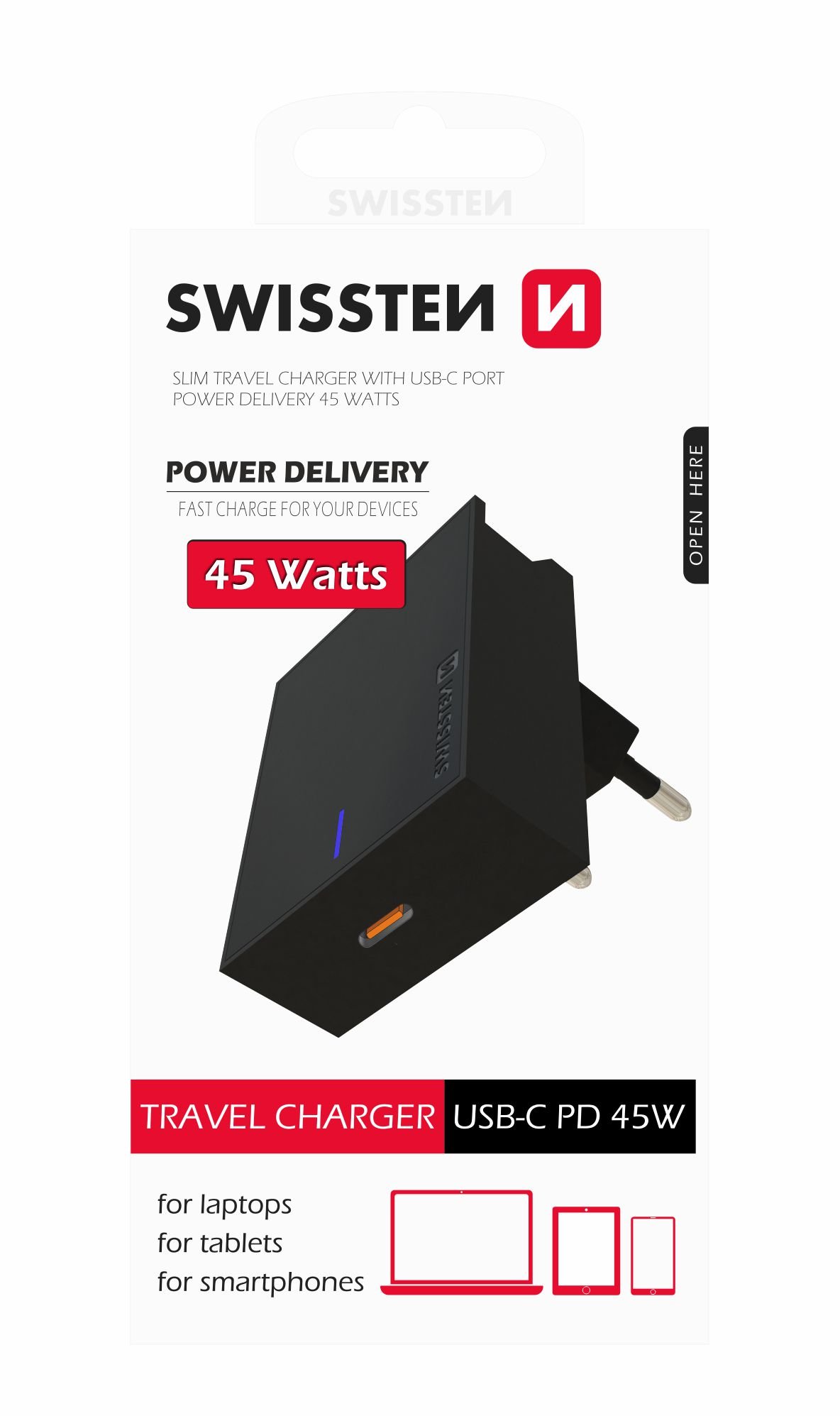 Swissten Premium 45W Travel Charger USB-C PD 3.0: 5V / 3A / 9V / 2A, 12V / 1.5A Black