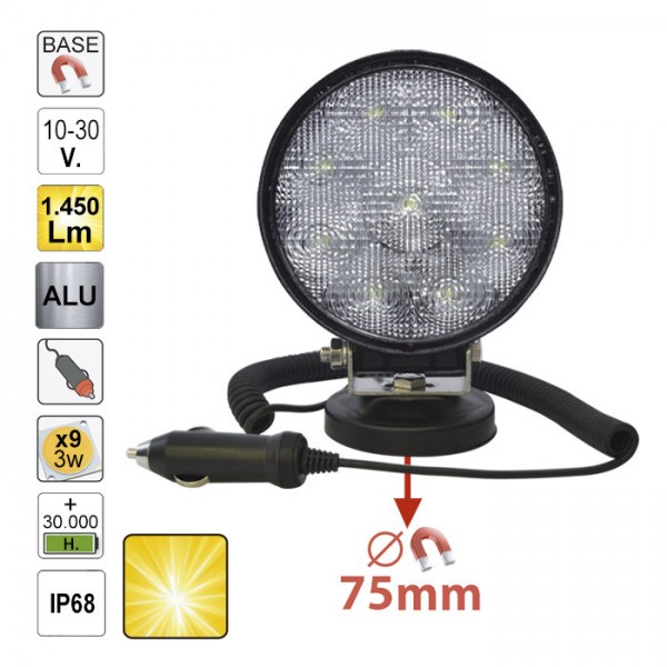 TÖÖTULI 9-LED 27W 1450LM 10-30V IP68 MAGNETALUS (ÄRAVÕETAV) +SIG.SÜÜTAJA JBM