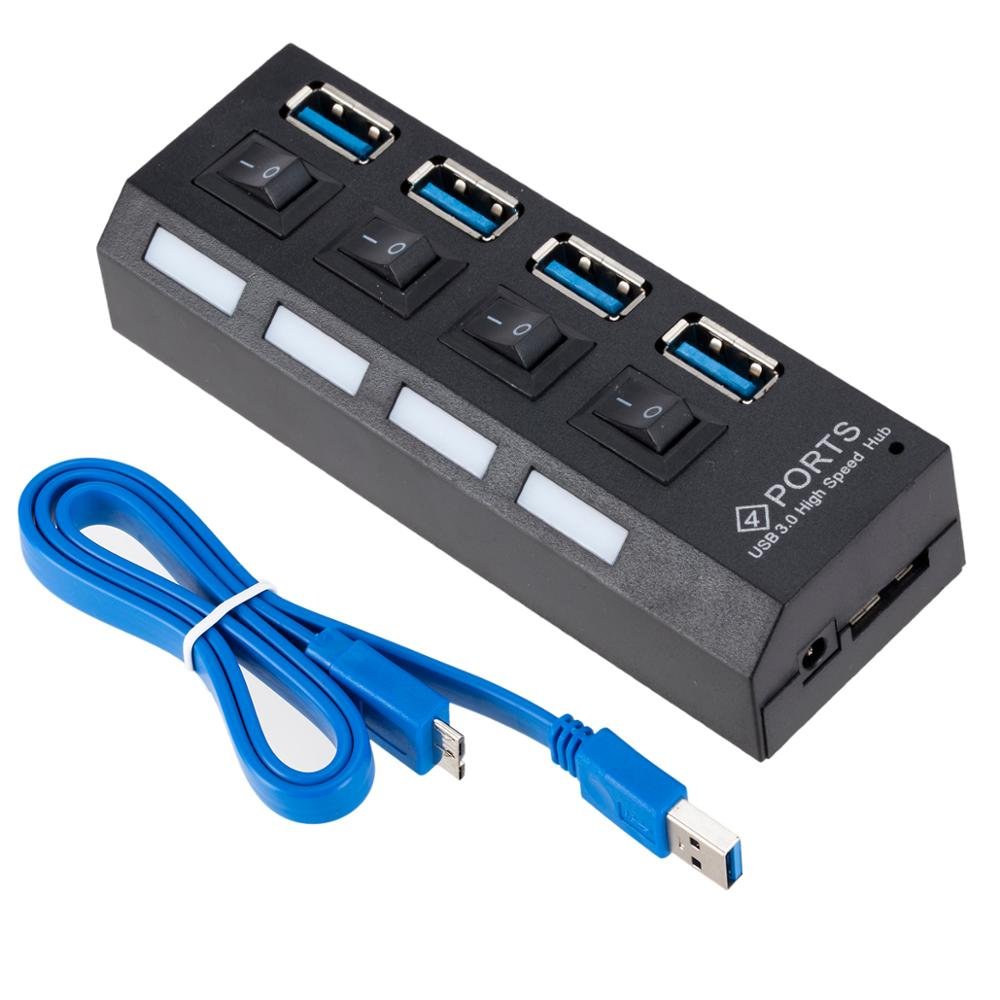 Roger AD15653 USB 3.0 Hub - Splitter 4 x USB 3.0 / 5 Gbps With Separate On / Off Buttons Black