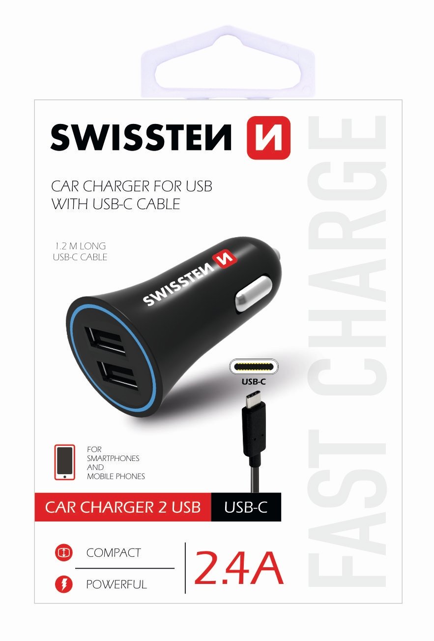 Swissten Premium Car charger 12 / 24V / 1A + 2.1A + USB-C Data Cable 100 cm Black